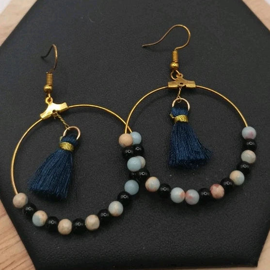 Boucles D'oreilles Pierre Naturelle Amazonite Et Obsidienne Les Gemmes de l'Ursuya