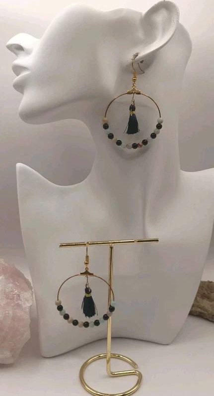 Boucles D'oreilles Pierre Naturelle Amazonite Et Obsidienne Les Gemmes de l'Ursuya