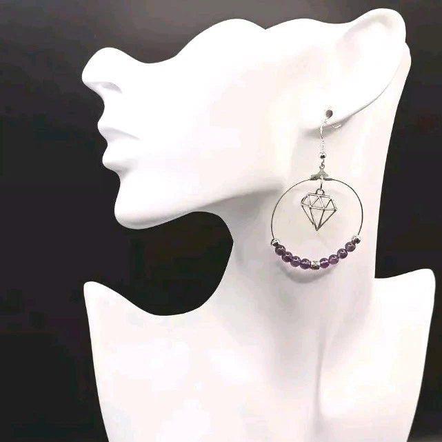 Boucles D'oreilles Pierre Naturelle Améthyste Violette Diamant Les Gemmes de l'Ursuya