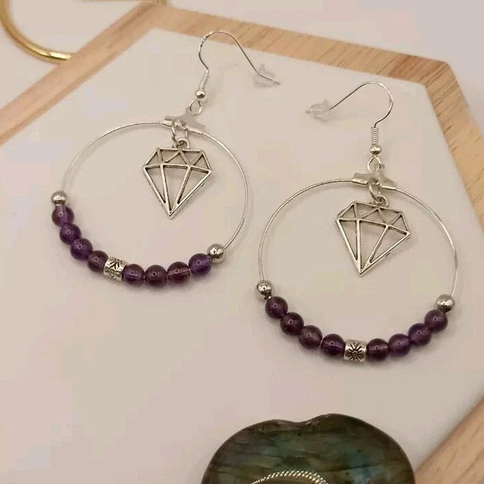 Boucles D'oreilles Pierre Naturelle Améthyste Violette Diamant Les Gemmes de l'Ursuya