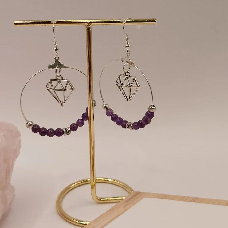 Boucles D'oreilles Pierre Naturelle Améthyste Violette Diamant Les Gemmes de l'Ursuya