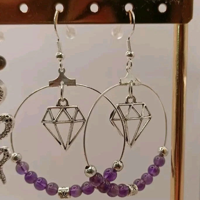 Boucles D'oreilles Pierre Naturelle Améthyste Violette Diamant Les Gemmes de l'Ursuya