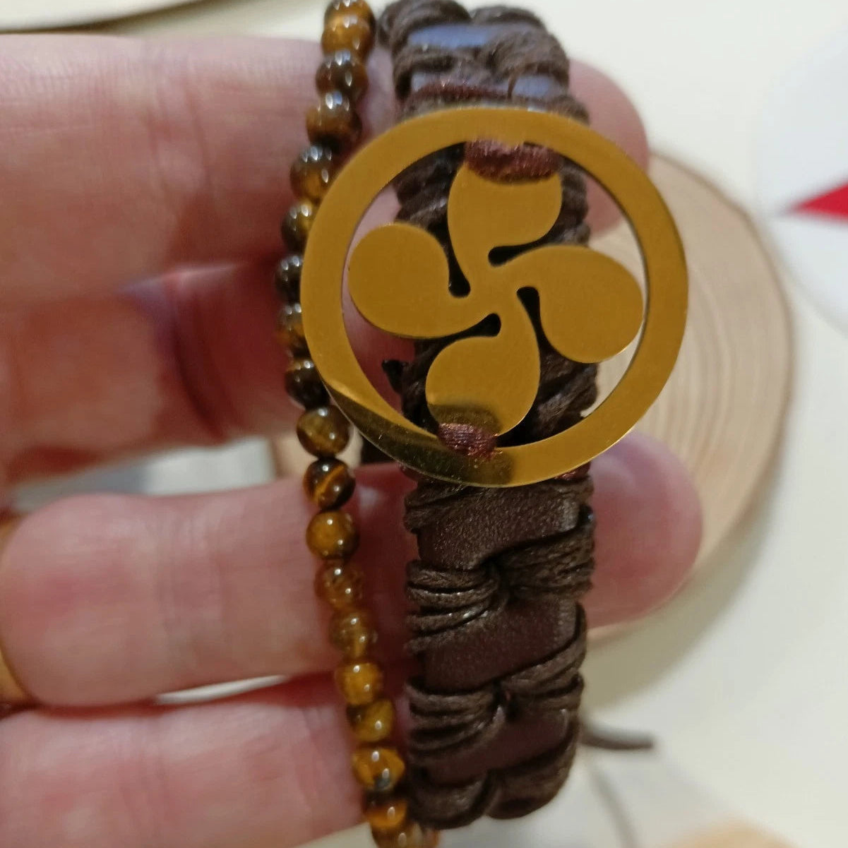 Bracelet Ajustable En Cuir Et Pierre Naturelle oeil De Tigre Et Coix Basque~4mm