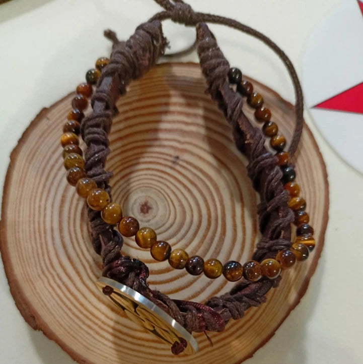 Bracelet Ajustable En Cuir Et Pierre Naturelle oeil De Tigre Et Coix Basque~4mm