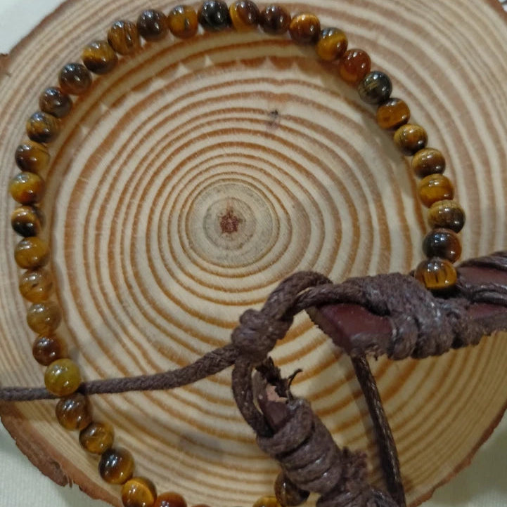 Bracelet Ajustable En Cuir Et Pierre Naturelle oeil De Tigre Et Coix Basque~4mm