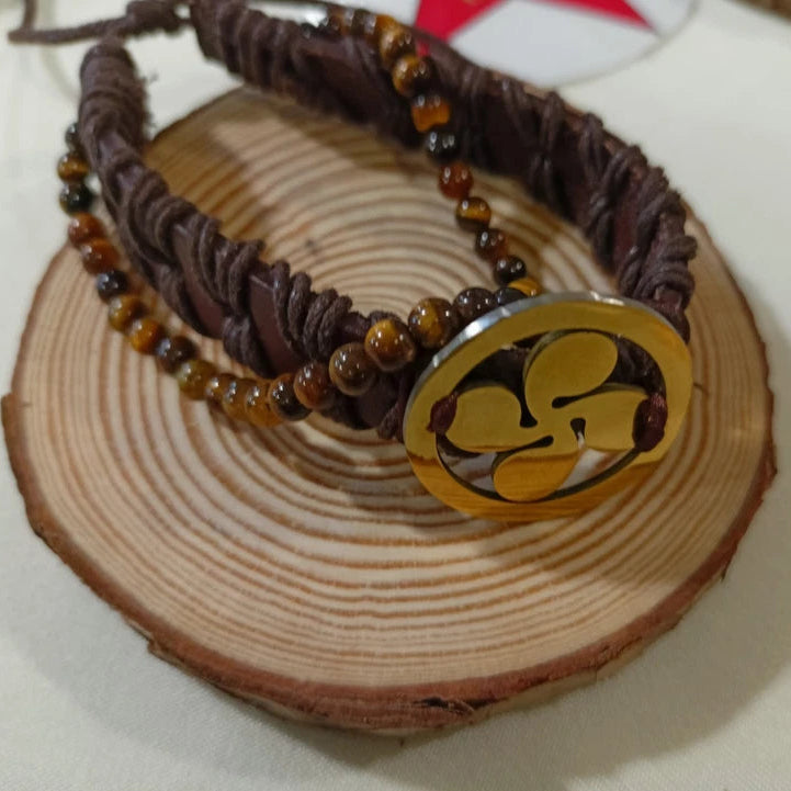 Bracelet Ajustable En Cuir Et Pierre Naturelle oeil De Tigre Et Coix Basque~4mm