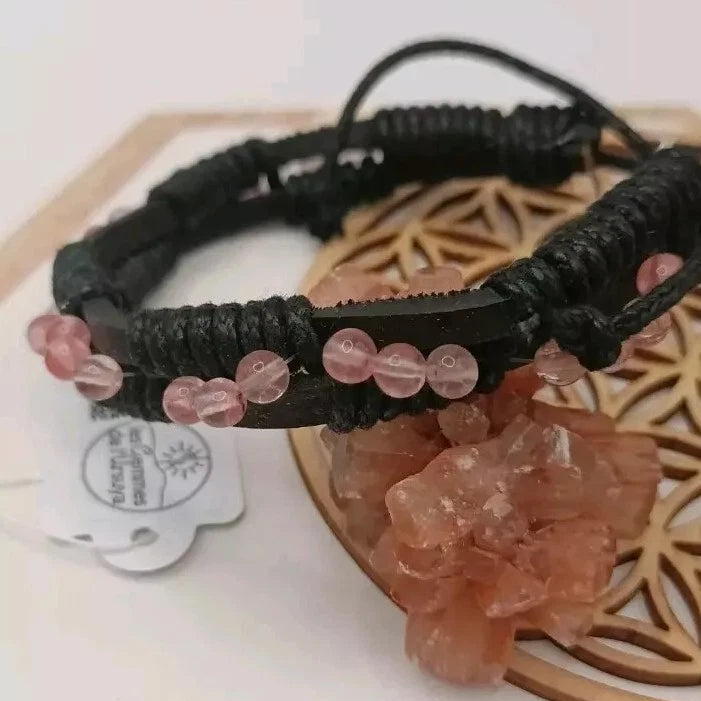 Bracelet Ajustable En Cuir Et Pierre Naturelle Quartz Rose ~4mm Les Gemmes de l'Ursuya