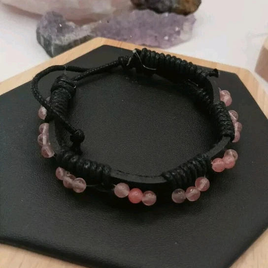 Bracelet Ajustable En Cuir Et Pierre Naturelle Quartz Rose ~4mm Les Gemmes de l'Ursuya