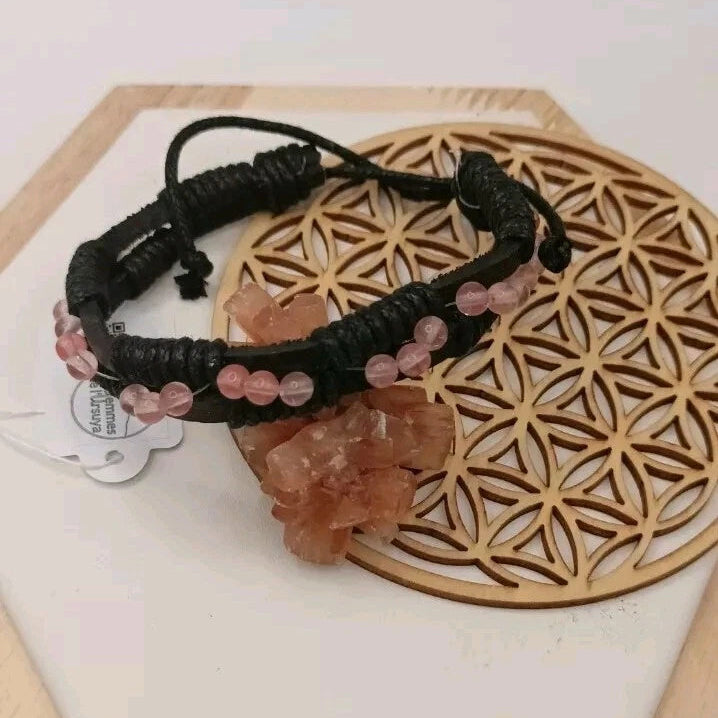 Bracelet Ajustable En Cuir Et Pierre Naturelle Quartz Rose ~4mm Les Gemmes de l'Ursuya