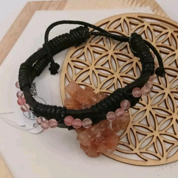 Bracelet Ajustable En Cuir Et Pierre Naturelle Quartz Rose ~4mm Les Gemmes de l'Ursuya
