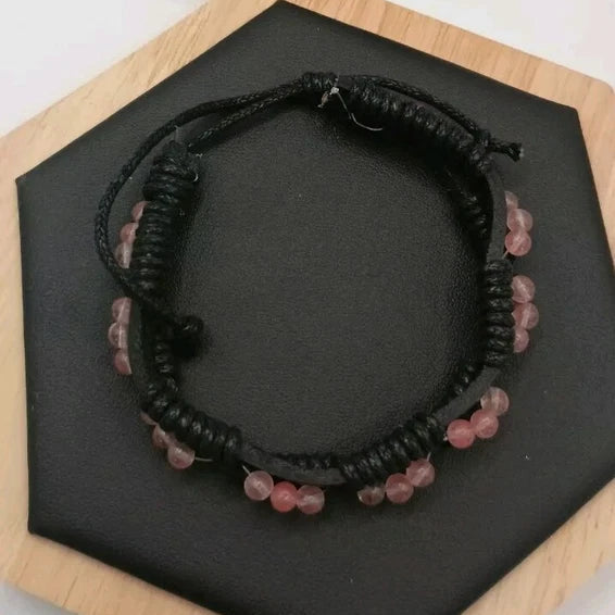 Bracelet Ajustable En Cuir Et Pierre Naturelle Quartz Rose ~4mm Les Gemmes de l'Ursuya