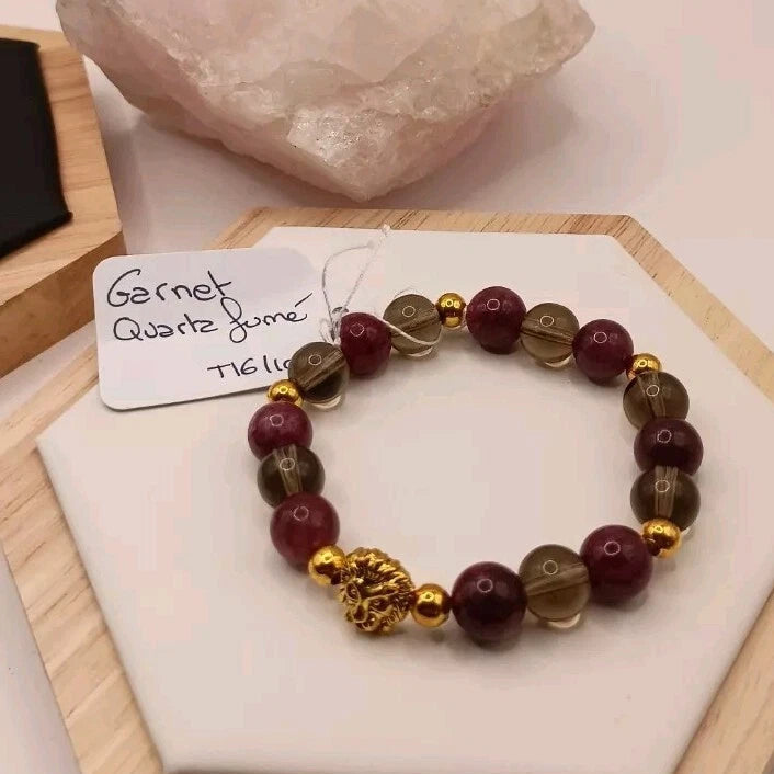 Bracelet Grenat Quartz Fumé Pierre Naturelle Perles 10mm Les Gemmes de l'Ursuya