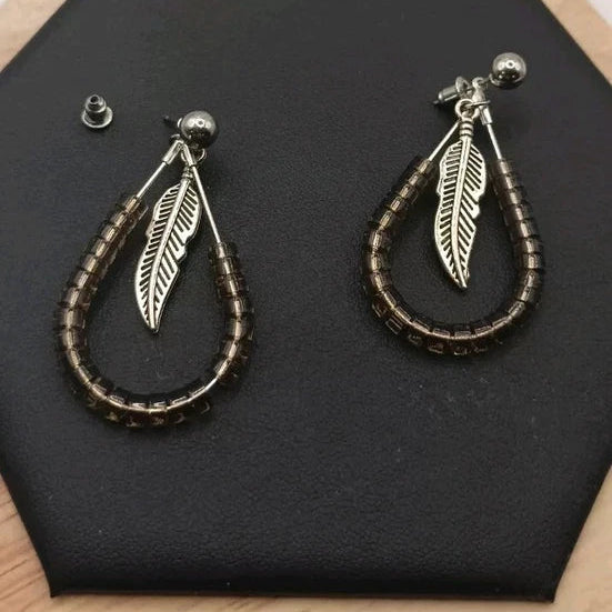 Boucles D'oreilles En Pierre Naturelle Quartz Fumé Et Plume