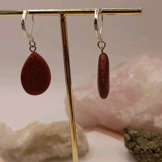 Boucles D'oreilles Argent Marron Brillant Pierre Du Soleil Forme Goutte