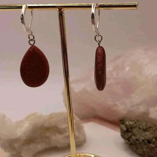Boucles D'oreilles Argent Marron Brillant Pierre Du Soleil Forme Goutte