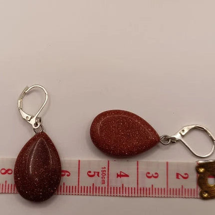 Boucles D'oreilles Argent Marron Brillant Pierre Du Soleil Forme Goutte