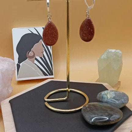 Boucles D'oreilles Argent Marron Brillant Pierre Du Soleil Forme Goutte