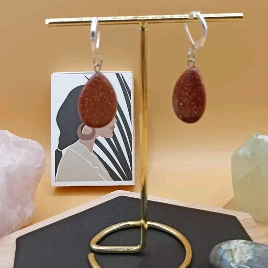 Boucles D'oreilles Argent Marron Brillant Pierre Du Soleil Forme Goutte