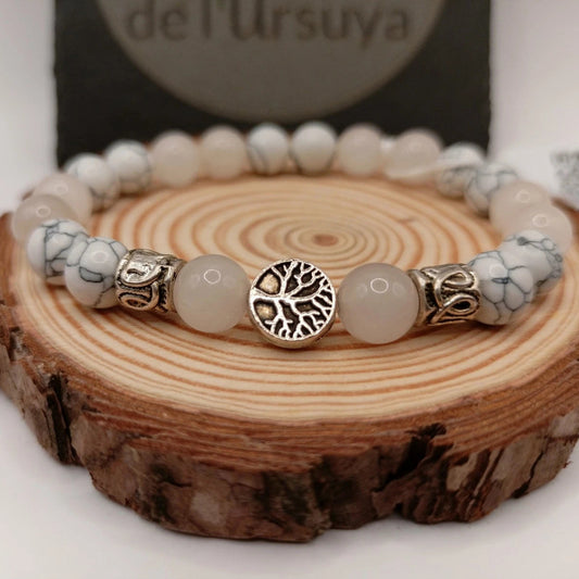 Bracelet Pierres Naturelles Holwite & Quartz Rose Acces. Arbre De Vie