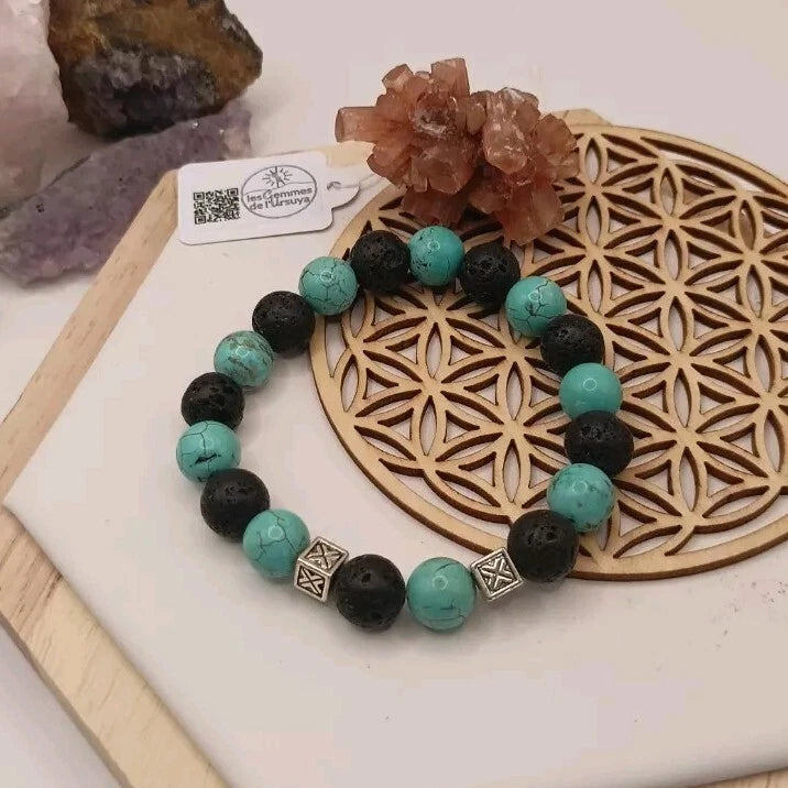 Bracelet Pierre Howlite Turquoise & Pierre De Lave Perles Diamètre 10mm Les Gemmes de l'Ursuya