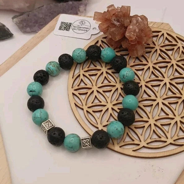 Bracelet Pierre Howlite Turquoise & Pierre De Lave Perles Diamètre 10mm Les Gemmes de l'Ursuya