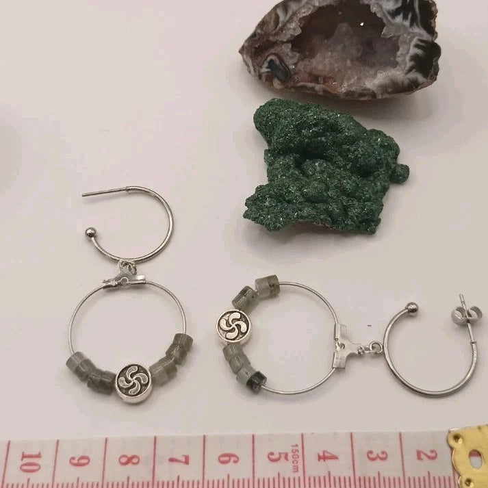 Boucles D'oreilles Pierre Naturelle Labradorite Et Lauburu Croix Basque Les Gemmes de l'Ursuya
