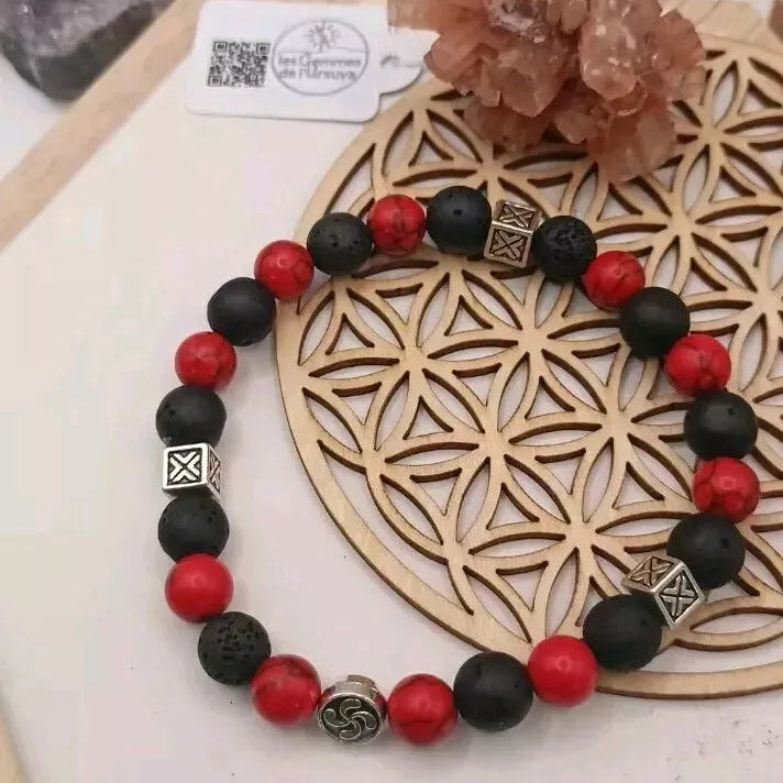 Bracelet En Holwite Rouge, Pierre De Lave Naturelle Lauburu Basque Les Gemmes de l'Ursuya