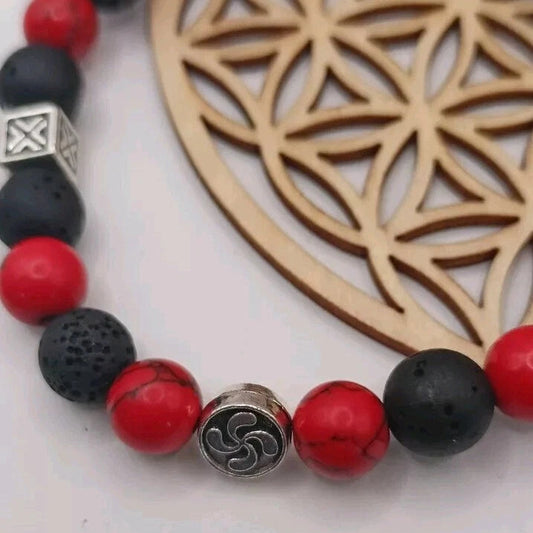 Bracelet En Holwite Rouge, Pierre De Lave Naturelle Lauburu Basque