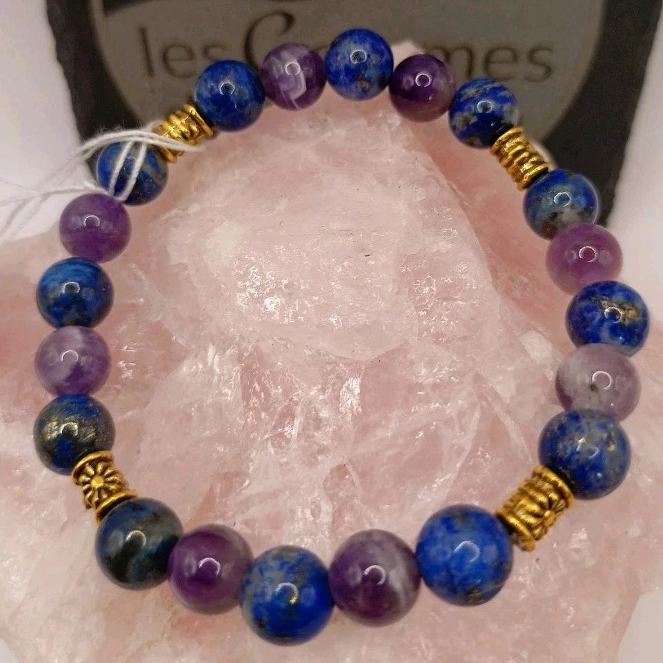 Bracelet Pierres Naturelles 3A Lapis lazuli & Améthyste Acces. Dorée