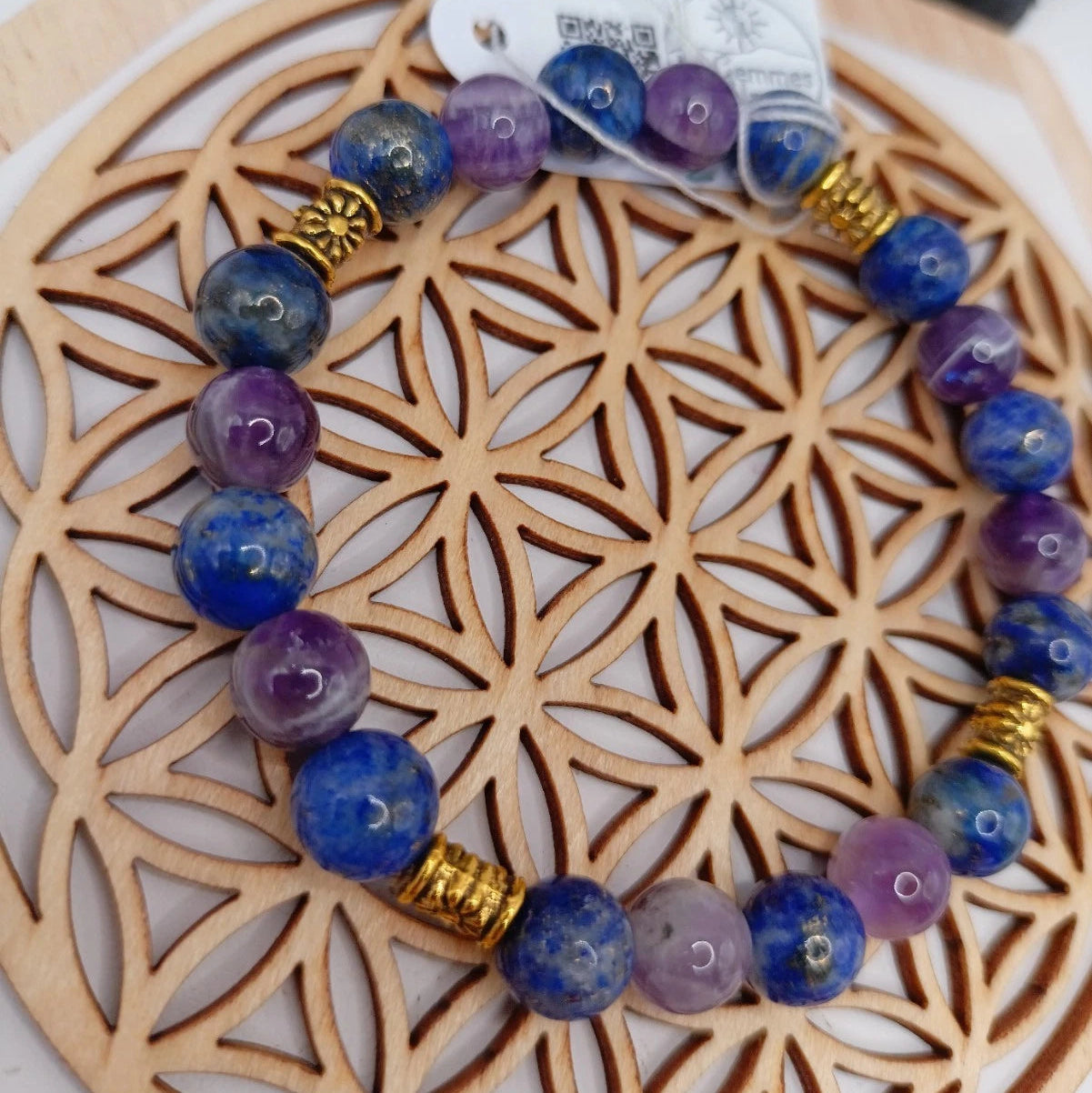 Bracelet Pierres Naturelles 3A Lapis lazuli & Améthyste Acces. Dorée