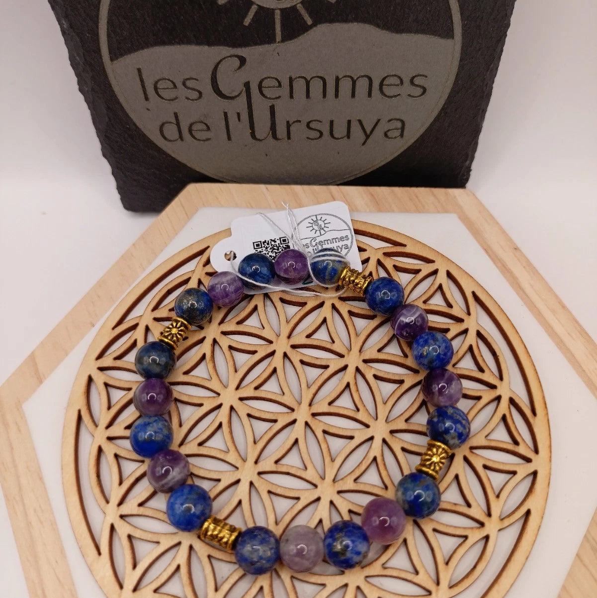 Bracelet Pierres Naturelles 3A Lapis lazuli & Améthyste Acces. Dorée