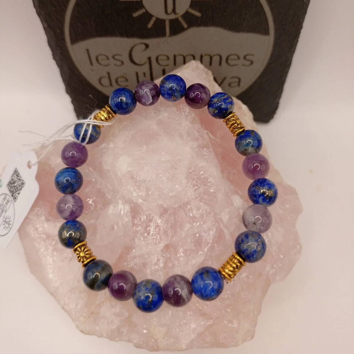 Bracelet Pierres Naturelles 3A Lapis lazuli & Améthyste Acces. Dorée