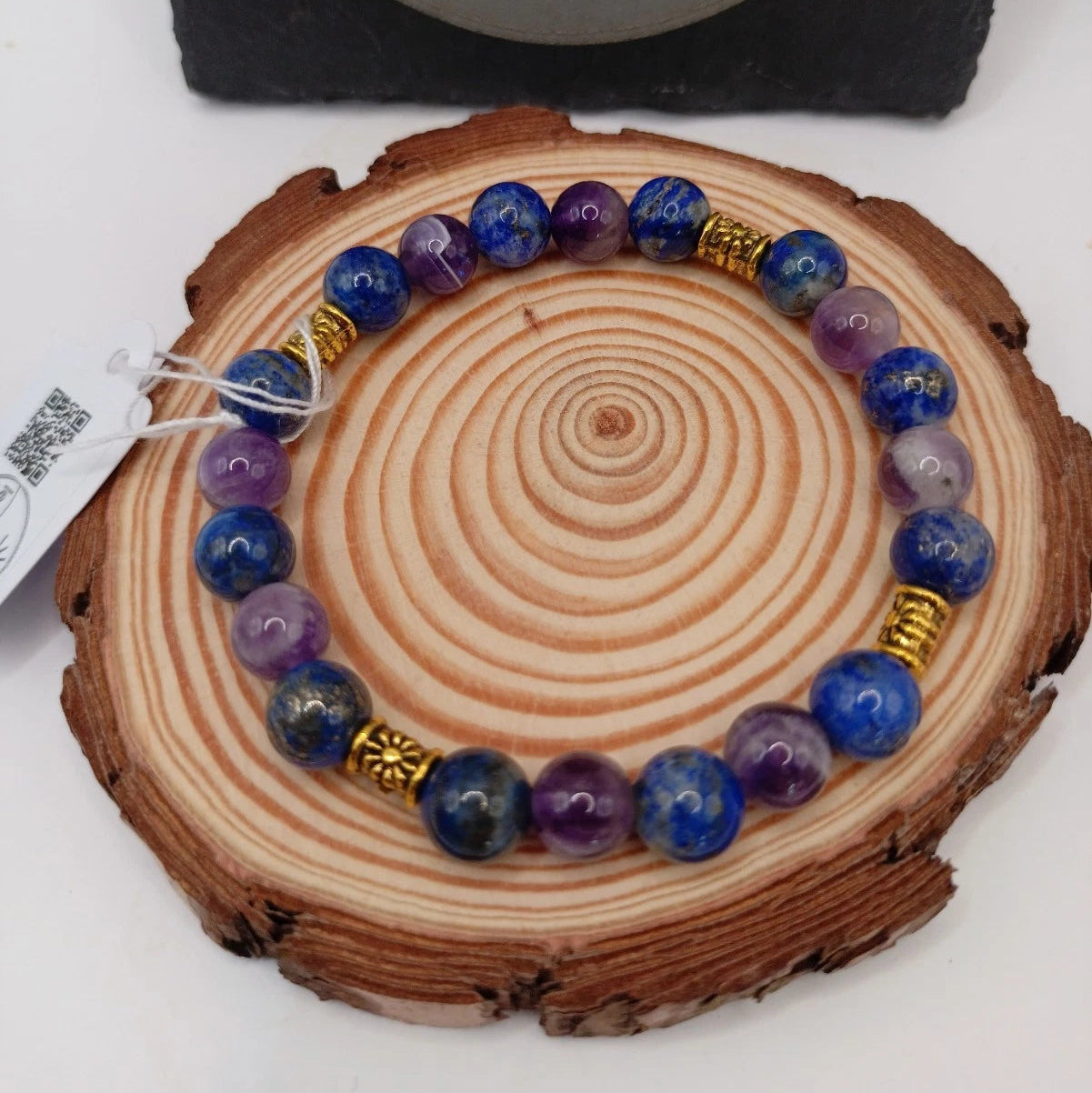 Bracelet Pierres Naturelles 3A Lapis lazuli & Améthyste Acces. Dorée