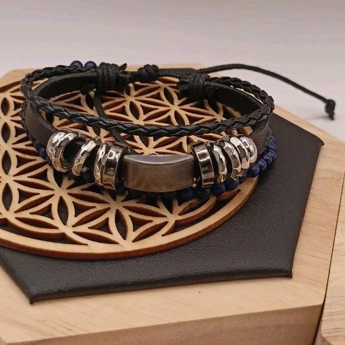 Bracelet Ajustable En Cuir Et Pierre Naturelle Lapis-lazuli Et Infini ~4mm