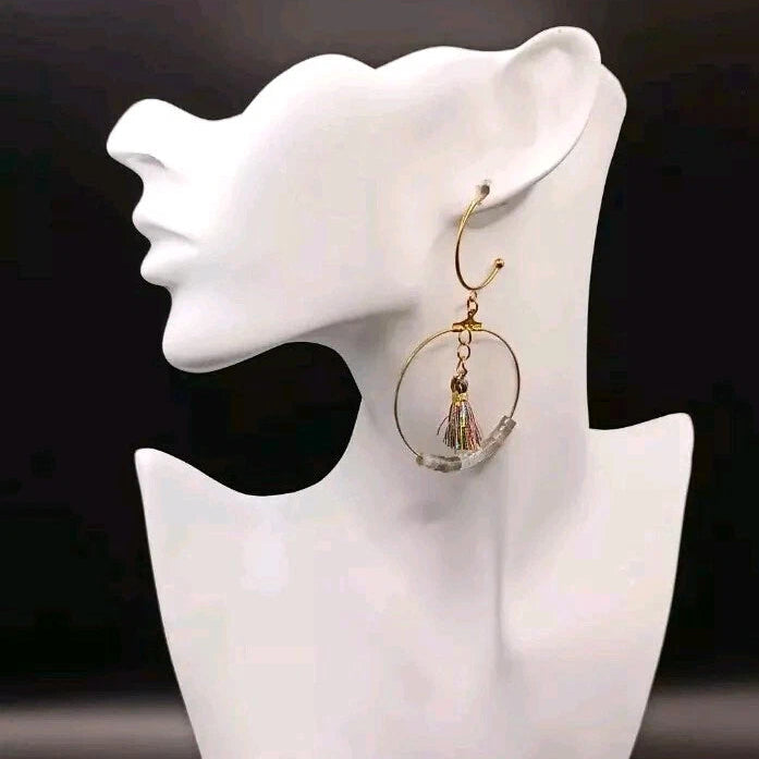 Boucles D'oreilles Pierre Naturelle Labradorite Grise Et Opaline Pom-pom