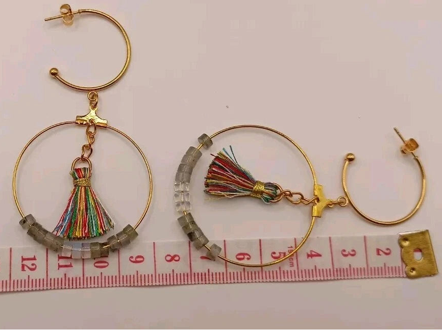 Boucles D'oreilles Pierre Naturelle Labradorite Grise Et Opaline Pom-pom