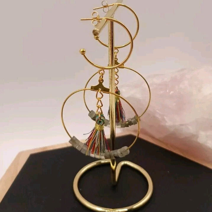 Boucles D'oreilles Pierre Naturelle Labradorite Grise Et Opaline Pom-pom