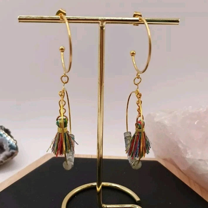 Boucles D'oreilles Pierre Naturelle Labradorite Grise Et Opaline Pom-pom