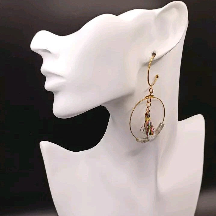 Boucles D'oreilles Pierre Naturelle Labradorite Grise Et Opaline Pom-pom