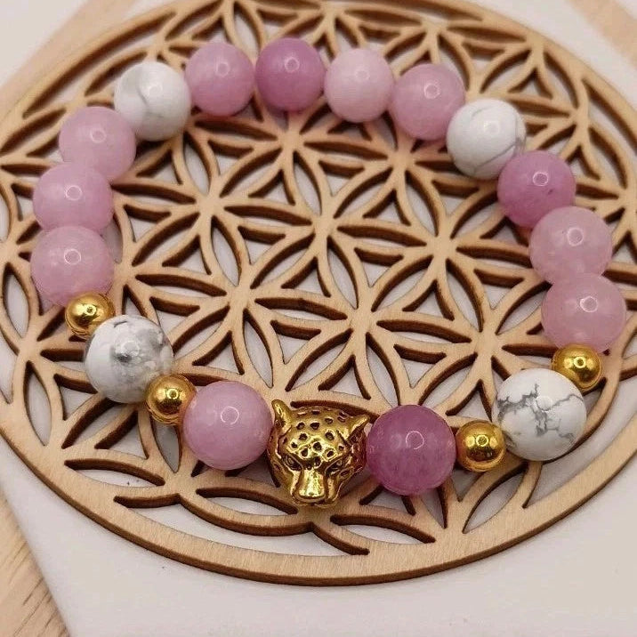 Bracelet Pierre Naturelle Angelite Rose Et Holwite Blanc. & Léopard Les Gemmes de l'Ursuya