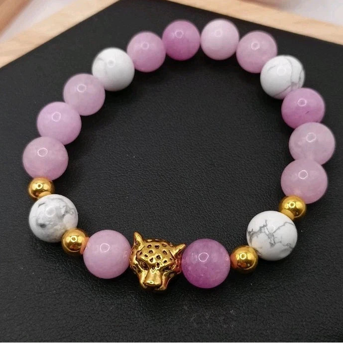 Bracelet Pierre Naturelle Angelite Rose Et Holwite Blanc. & Léopard Les Gemmes de l'Ursuya