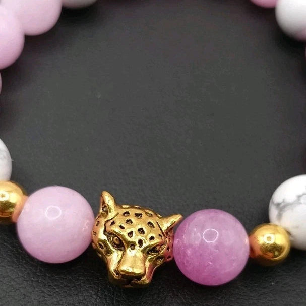 Bracelet Pierre Naturelle Angelite Rose Et Holwite Blanc. & Léopard Les Gemmes de l'Ursuya