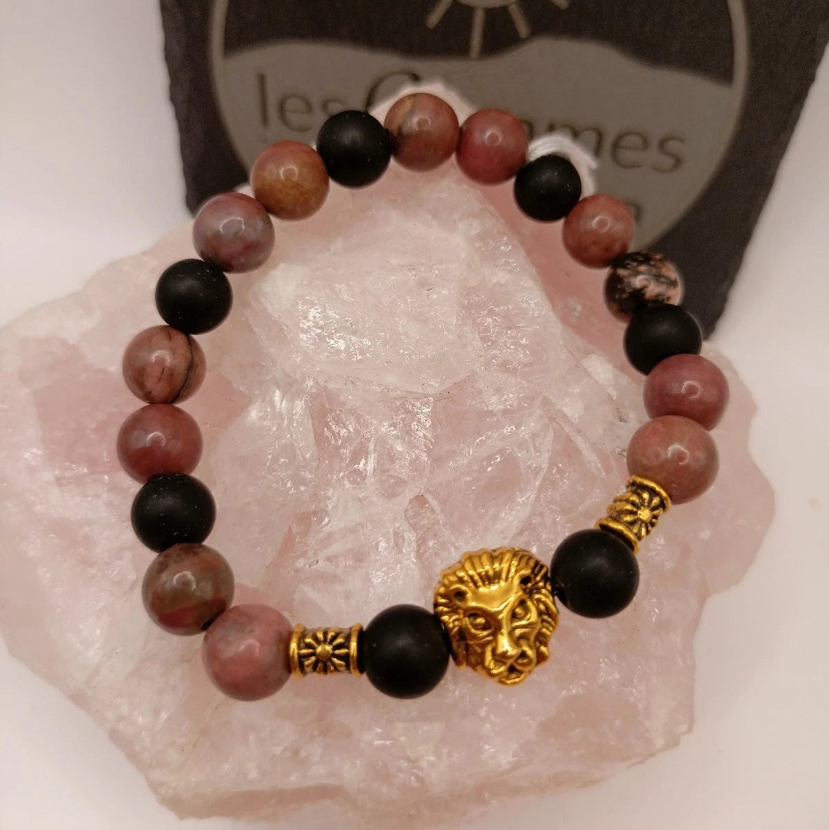 Bracelet Pierres Naturelles Onxy Matte Et Rondohilite Tête De Lion Dorée Les Gemmes de l'Ursuya
