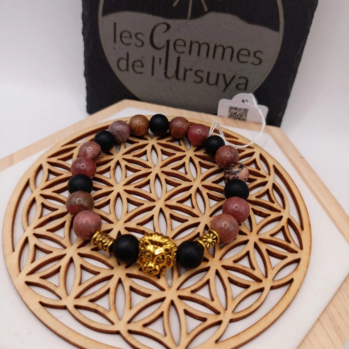 Bracelet Pierres Naturelles Onxy Matte Et Rondohilite Tête De Lion Dorée Les Gemmes de l'Ursuya