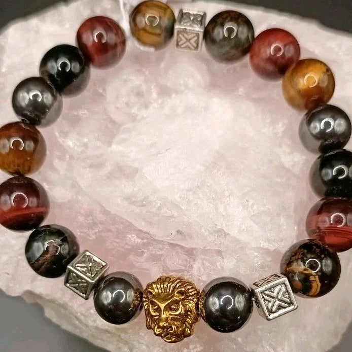 Bracelet 3 Œil Tigre, Faucon, Taureau Et Hématite Pierre Naturelle 10mm Les Gemmes de l'Ursuya