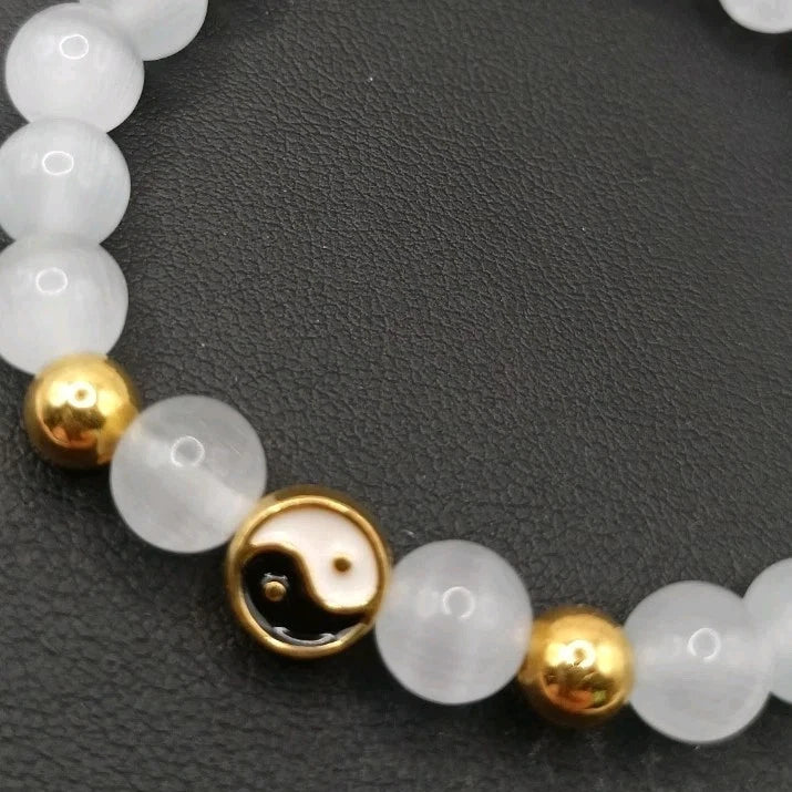 Bracelet Pierre De Lune Naturelle Pierre Ying Yang Les Gemmes de l'Ursuya