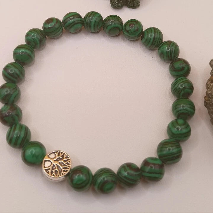 Bracelet En Pierre Naturelle Malachite Verte Et Arbre De Vie Les Gemmes de l'Ursuya