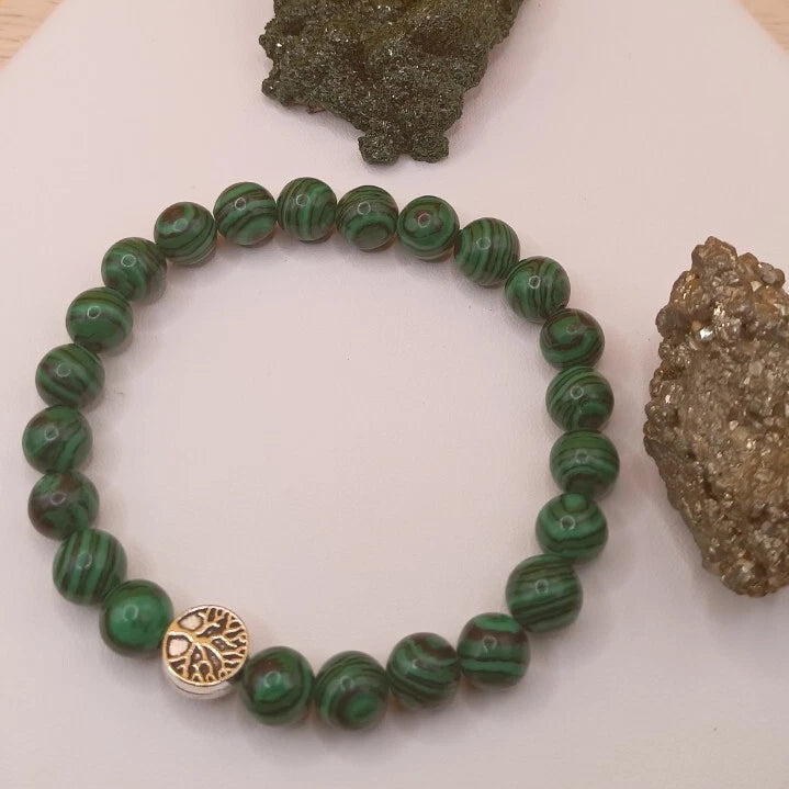 Bracelet En Pierre Naturelle Malachite Verte Et Arbre De Vie Les Gemmes de l'Ursuya