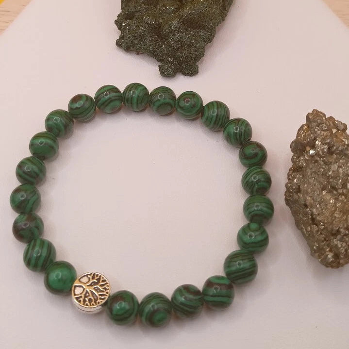Bracelet En Pierre Naturelle Malachite Verte Et Arbre De Vie Les Gemmes de l'Ursuya