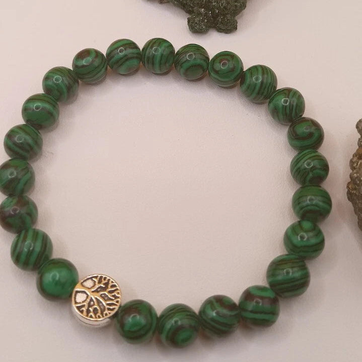Bracelet En Pierre Naturelle Malachite Verte Et Arbre De Vie Les Gemmes de l'Ursuya